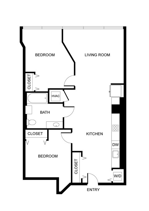 Floor plan for 2 beds, 1 bath, 990 sqft